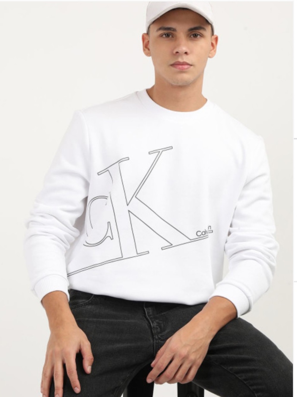 Calvin Klein Men’s White Crewneck Sweatshirt with Outline CK Logo